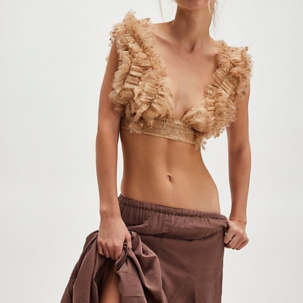 Sosha Elegant Party Ruffled Lace Bralette in Tan